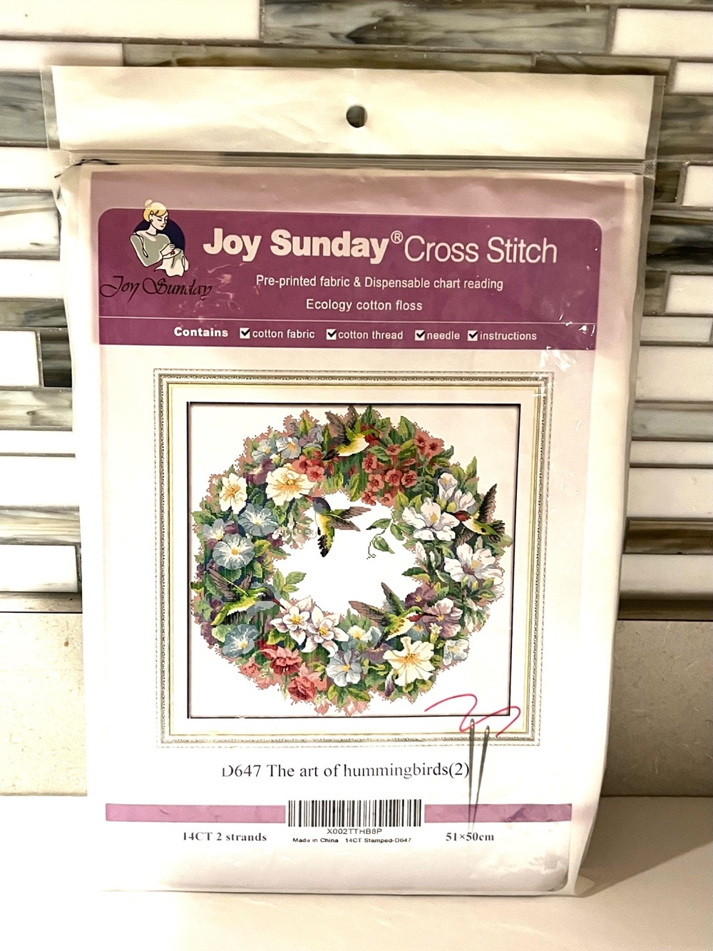 Sunday Floral Hummingbird Wreath Cross Stitch Kit - Pink, Green, White